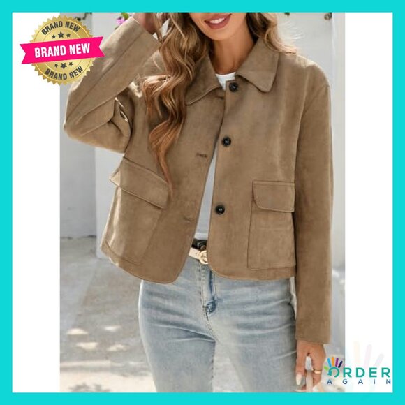 Faux Suede Cropped Jacket Vintage Button Down Shacket Chic Casual Y2K - Picture 4 of 8